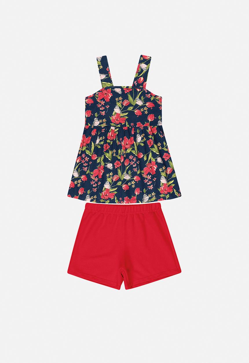 Bee Loop - Girls floral blouse & shorts set - navy & red