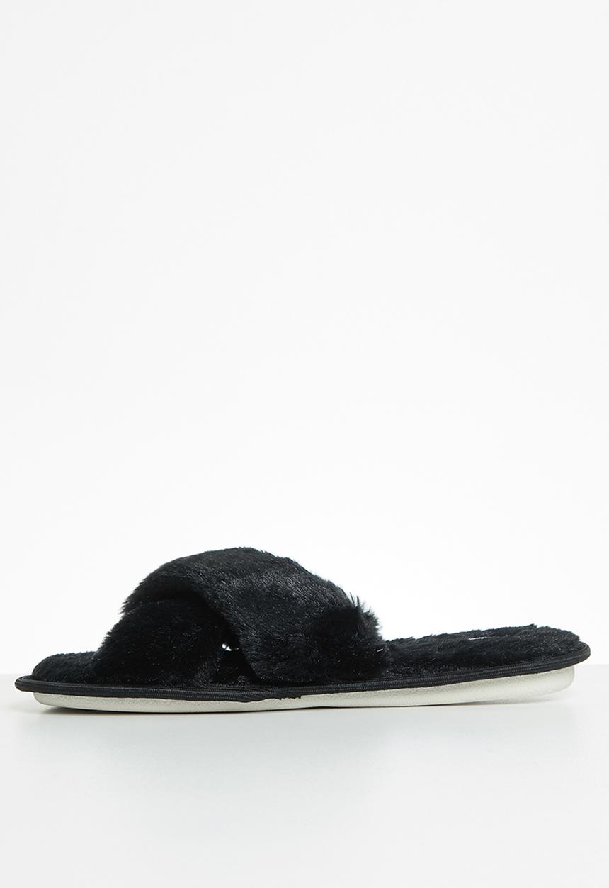 Jada - Criss cross fluffy slipper - black