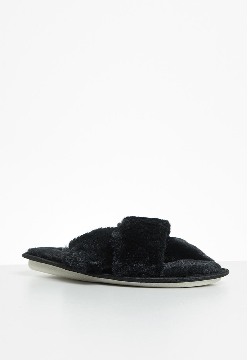 Jada - Criss cross fluffy slipper - black