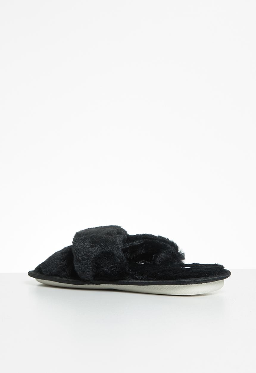 Jada - Criss cross fluffy slipper - black