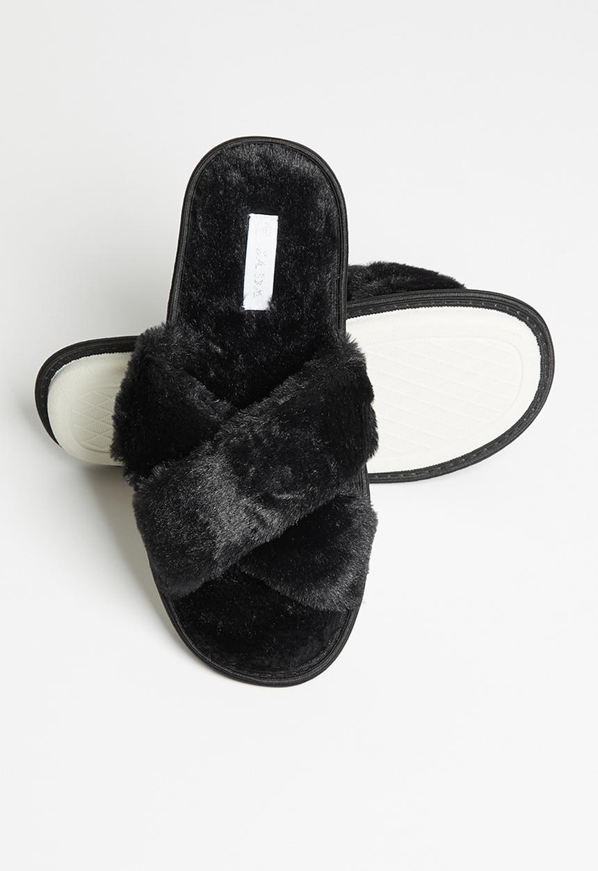 Jada - Criss cross fluffy slipper - black