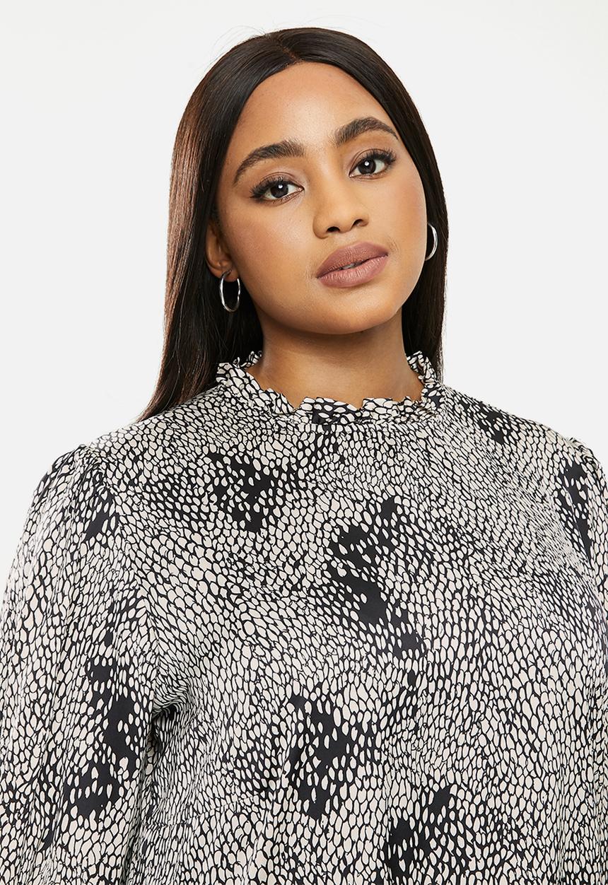 Me&B - Plus snakeskin frilled collar tier dress - black & beige 