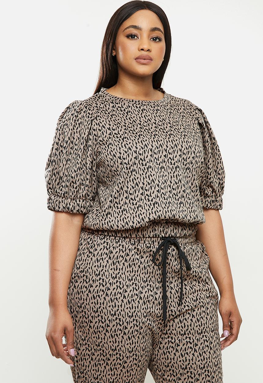 Me&B - Plus animal elasticated jacquard hem top - taupe & black 