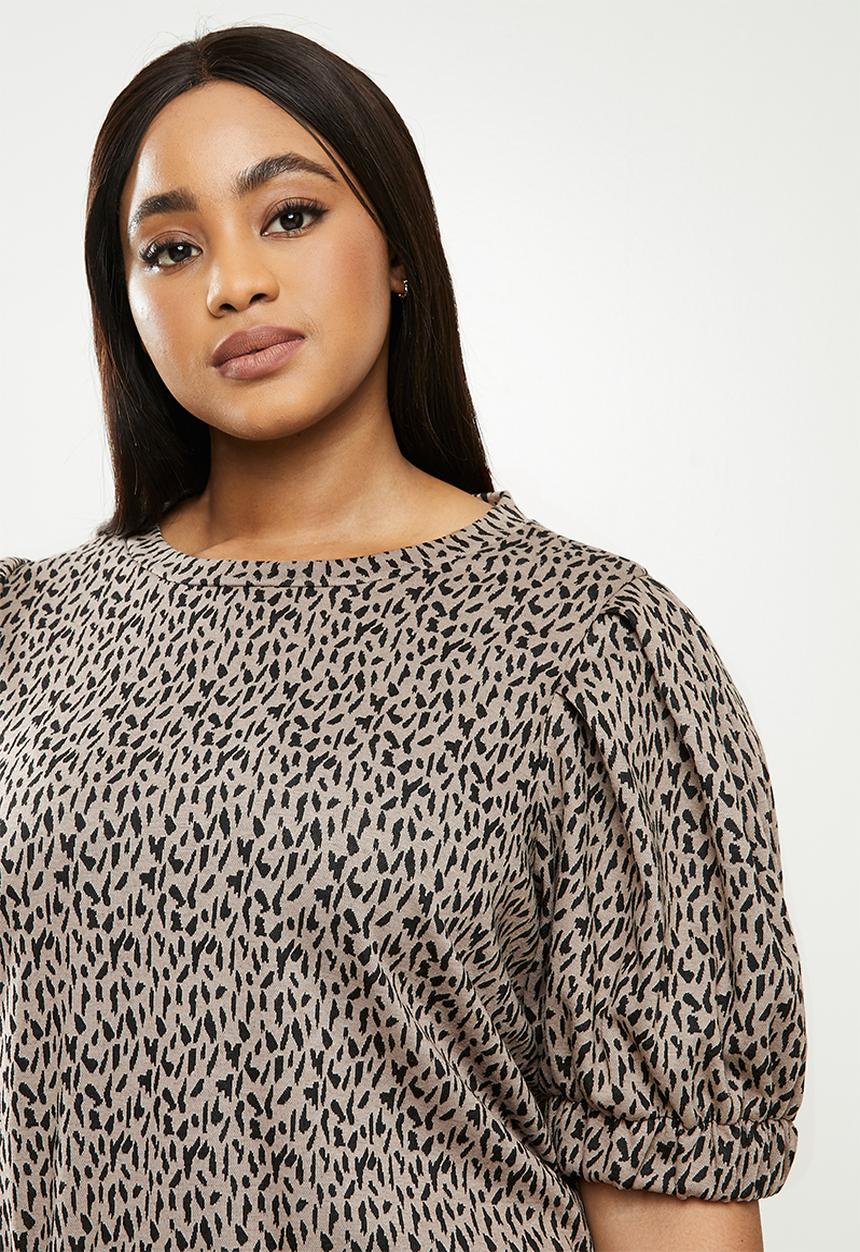 Me&B - Plus animal elasticated jacquard hem top - taupe & black 