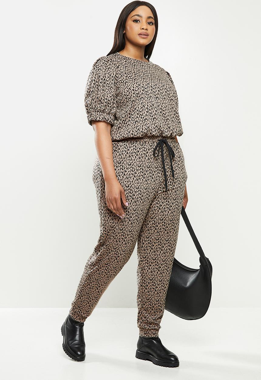 Me&B - Plus animal elasticated jacquard pant - taupe & black 