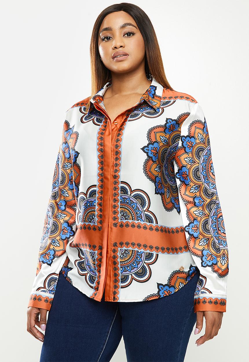 POLO - Plus Sibongile long sleeve printed shirt - orange & blue 