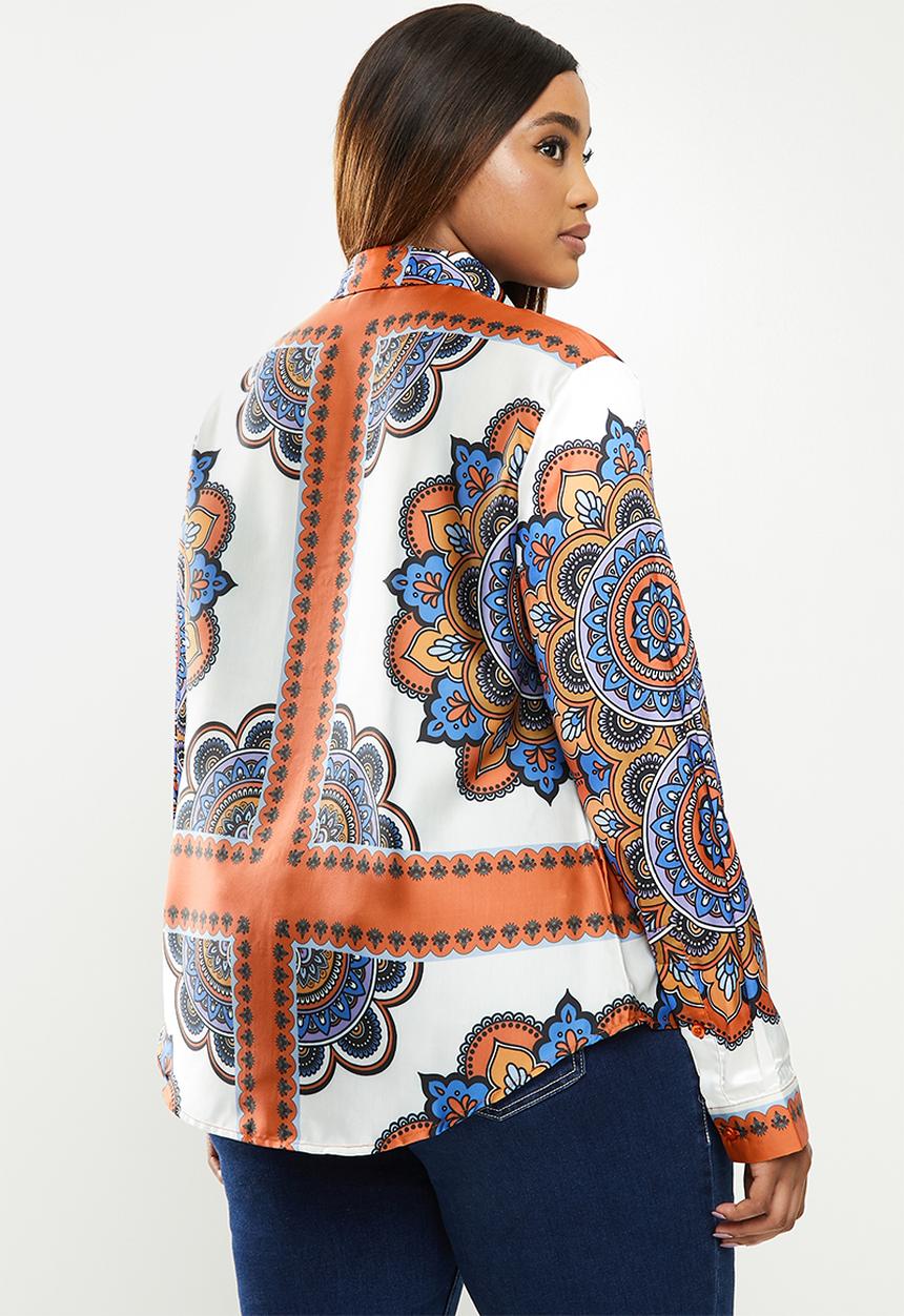POLO - Plus Sibongile long sleeve printed shirt - orange & blue 