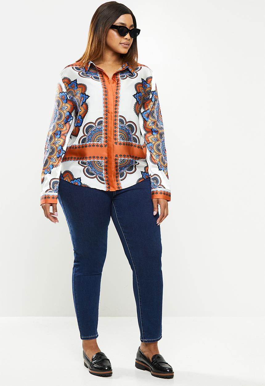POLO - Plus Sibongile long sleeve printed shirt - orange & blue 