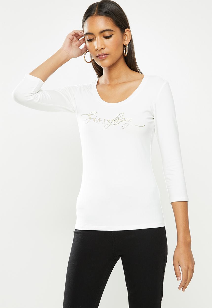 SISSY BOY - Darling dear: transfer, bling logo 3/4 sleeve top - off white