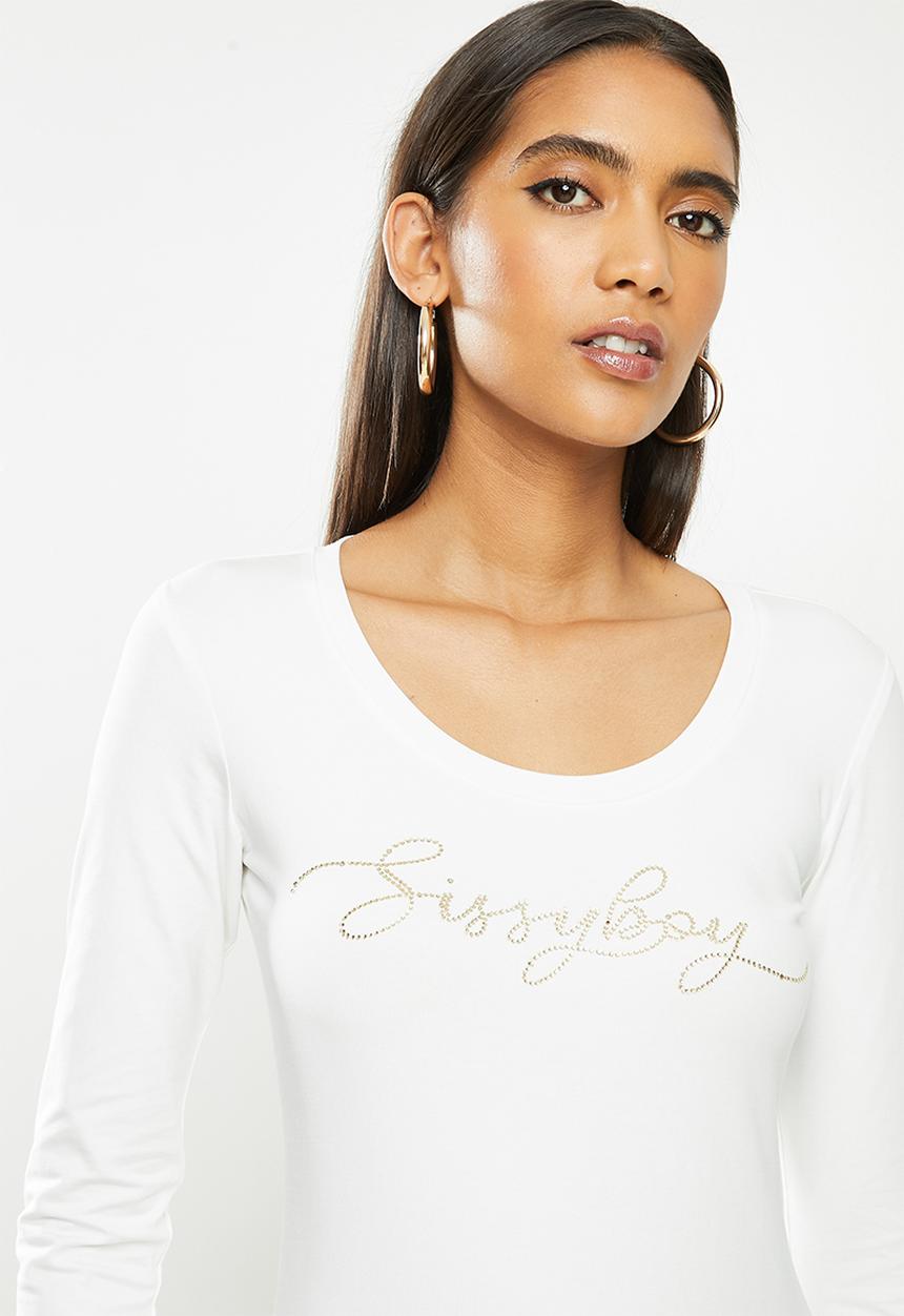 SISSY BOY - Darling dear: transfer, bling logo 3/4 sleeve top - off white