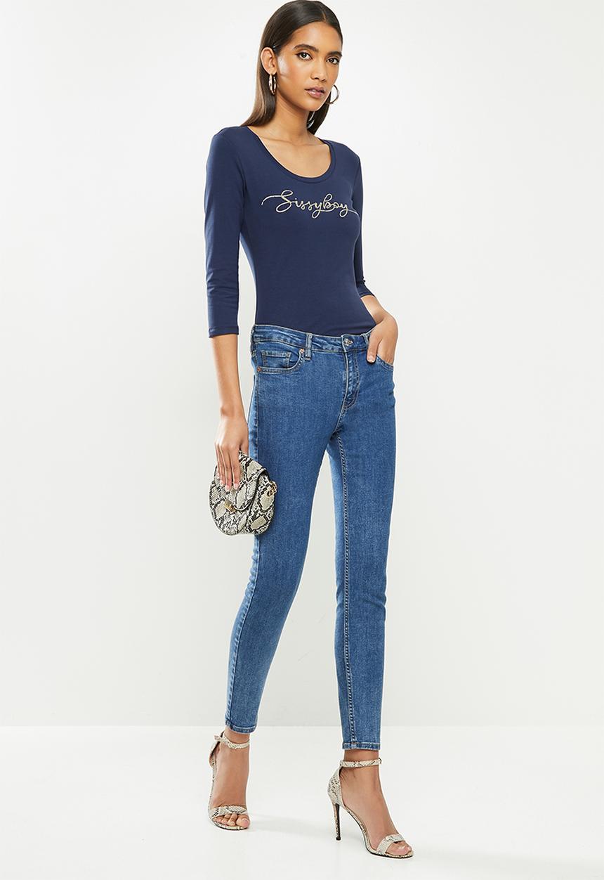 SISSY BOY - Darling dear: transfer, bling logo 3/4 sleeve top - navy