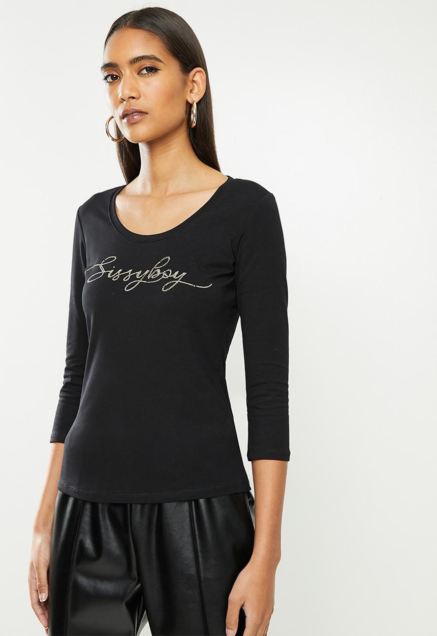 SISSY BOY - Darling dear: transfer, bling logo 3/4 sleeve top - black