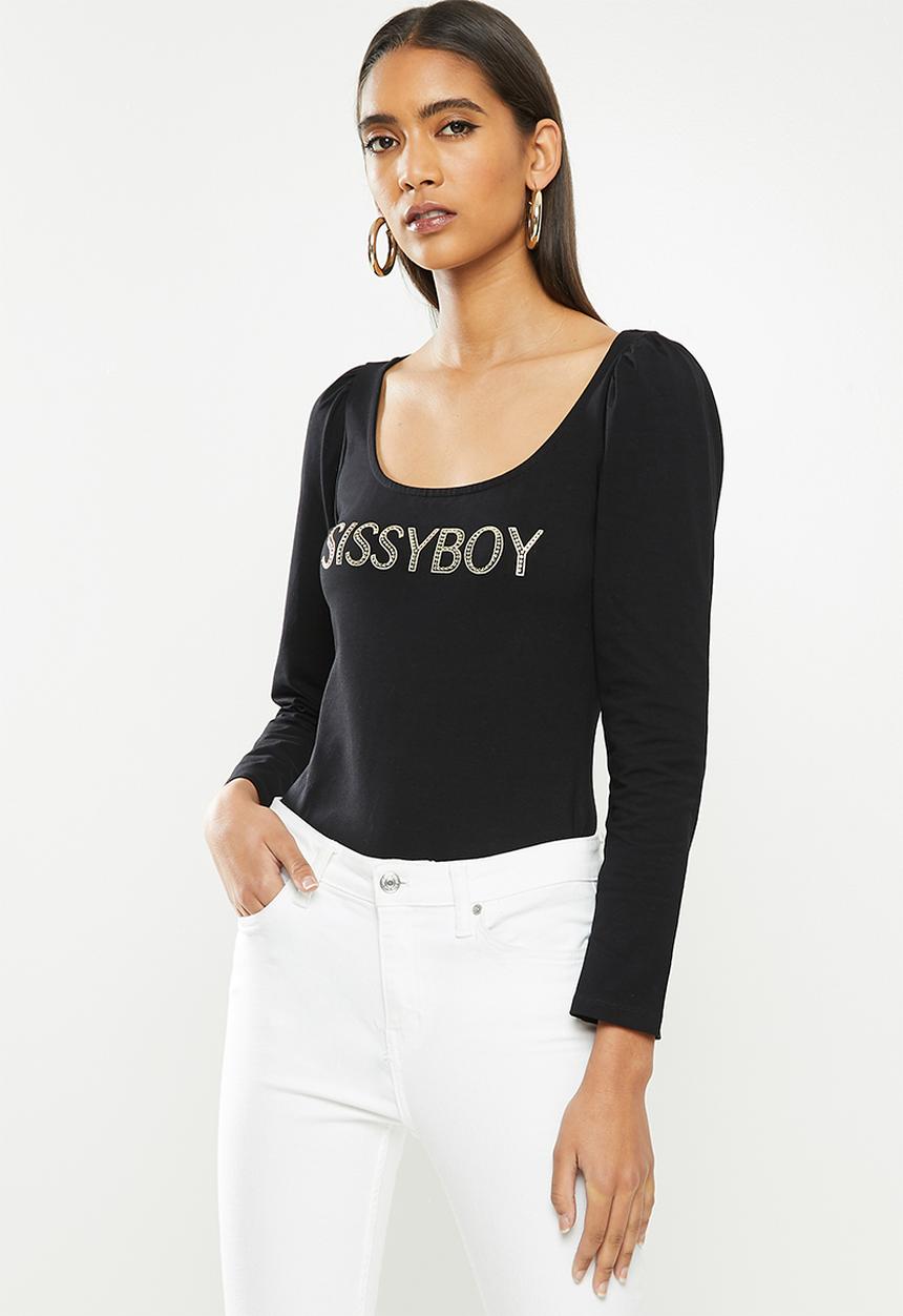 SISSY BOY - Camilla: bardot styled top with bling logo - black
