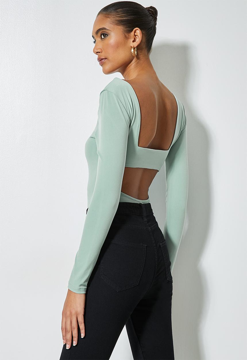 VELVET - Square neck back detail bodysuit - green
