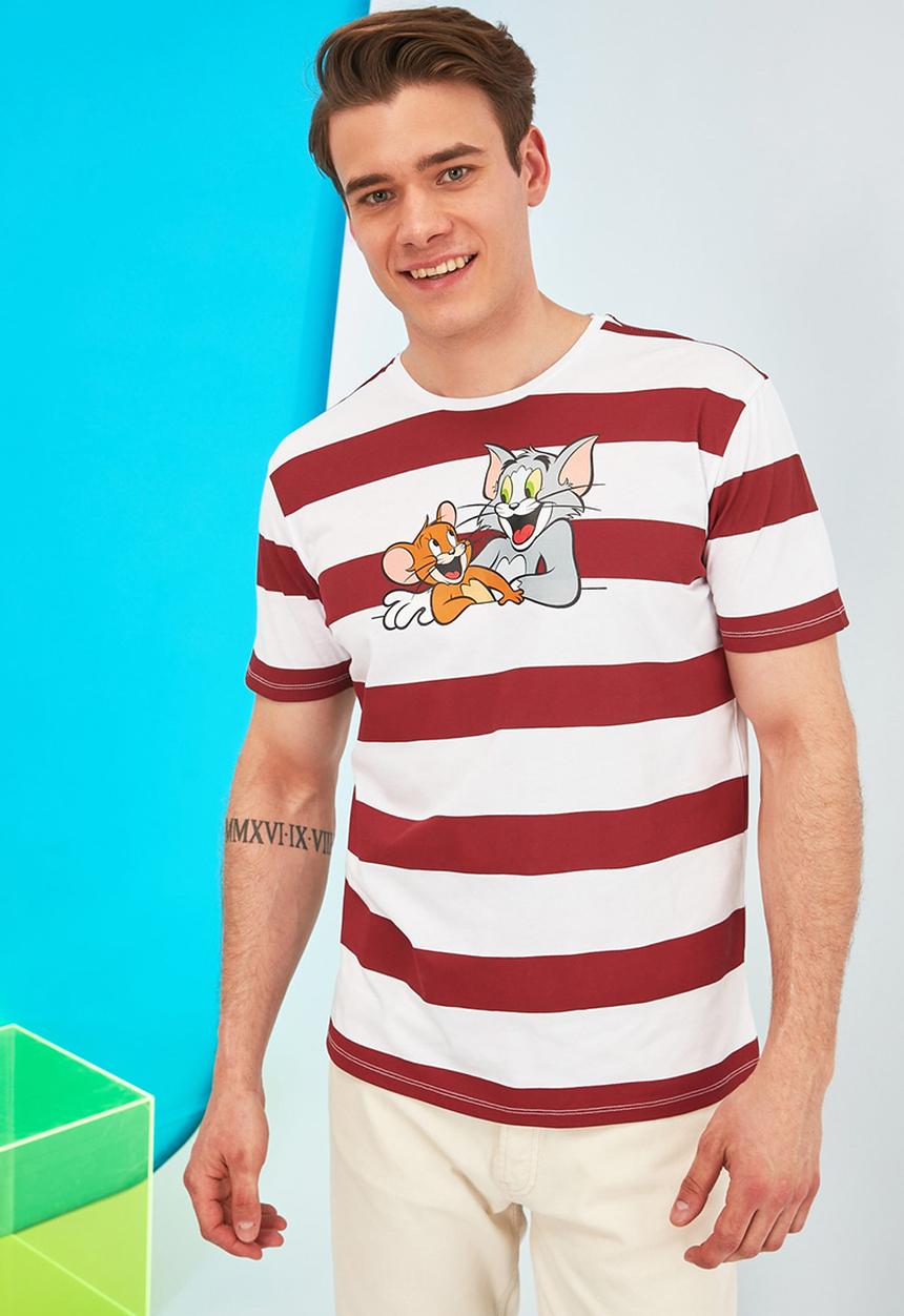 Trendyol - Printed stripe short sleeve tee - burgundy & white 