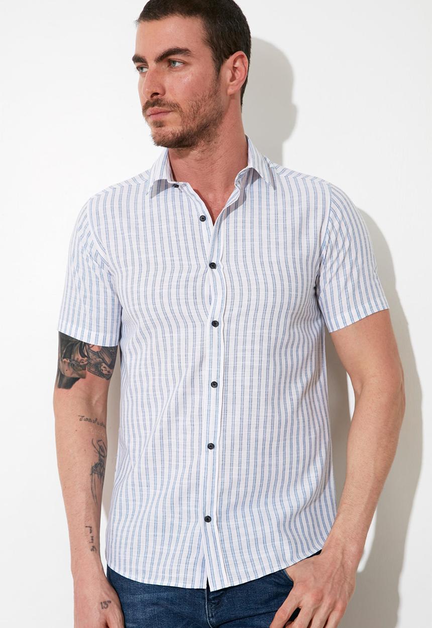 Trendyol - Stripe short sleeve shirt - blue