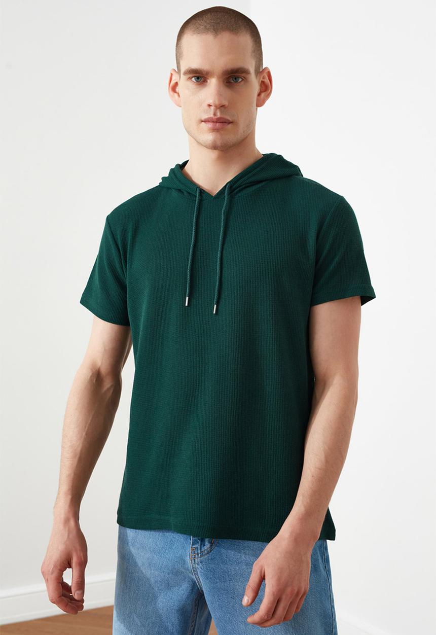 Trendyol - Plain short sleeve hooded sweater - green