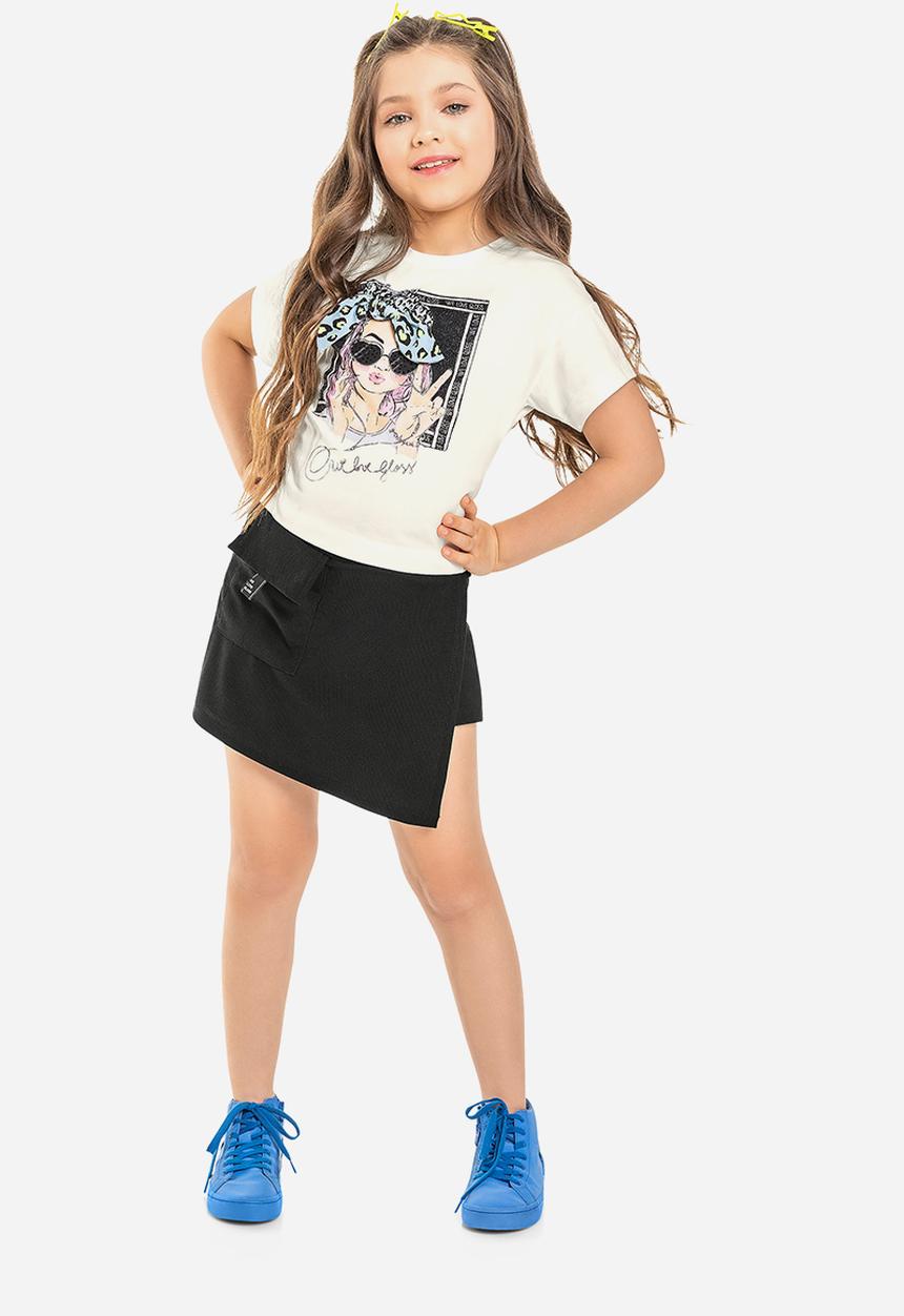 Gloss - Girls crop top & skort set - off white & black