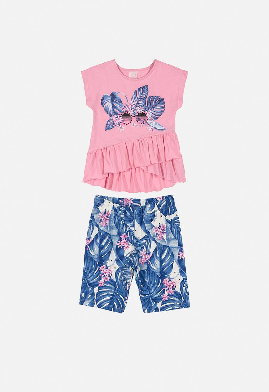 Quimby - Girls leaf tee & pants set - pink & blue