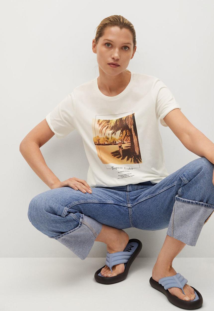 MANGO - T-shirt pstrop - ecru