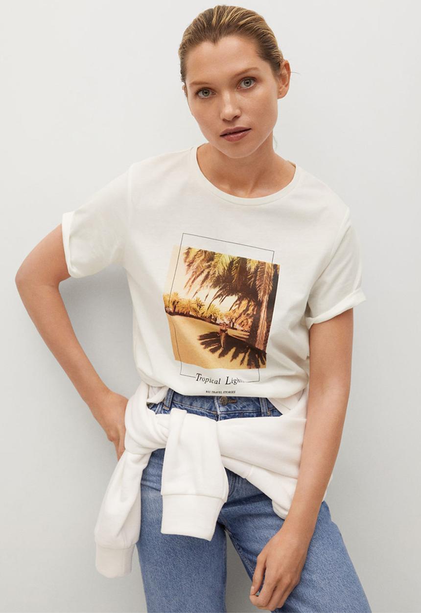 MANGO - T-shirt pstrop - ecru