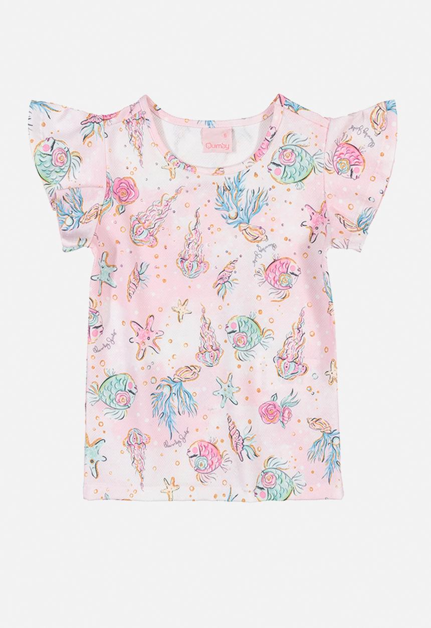 Quimby - Girls printed tee & sweatshorts set - pink & navy
