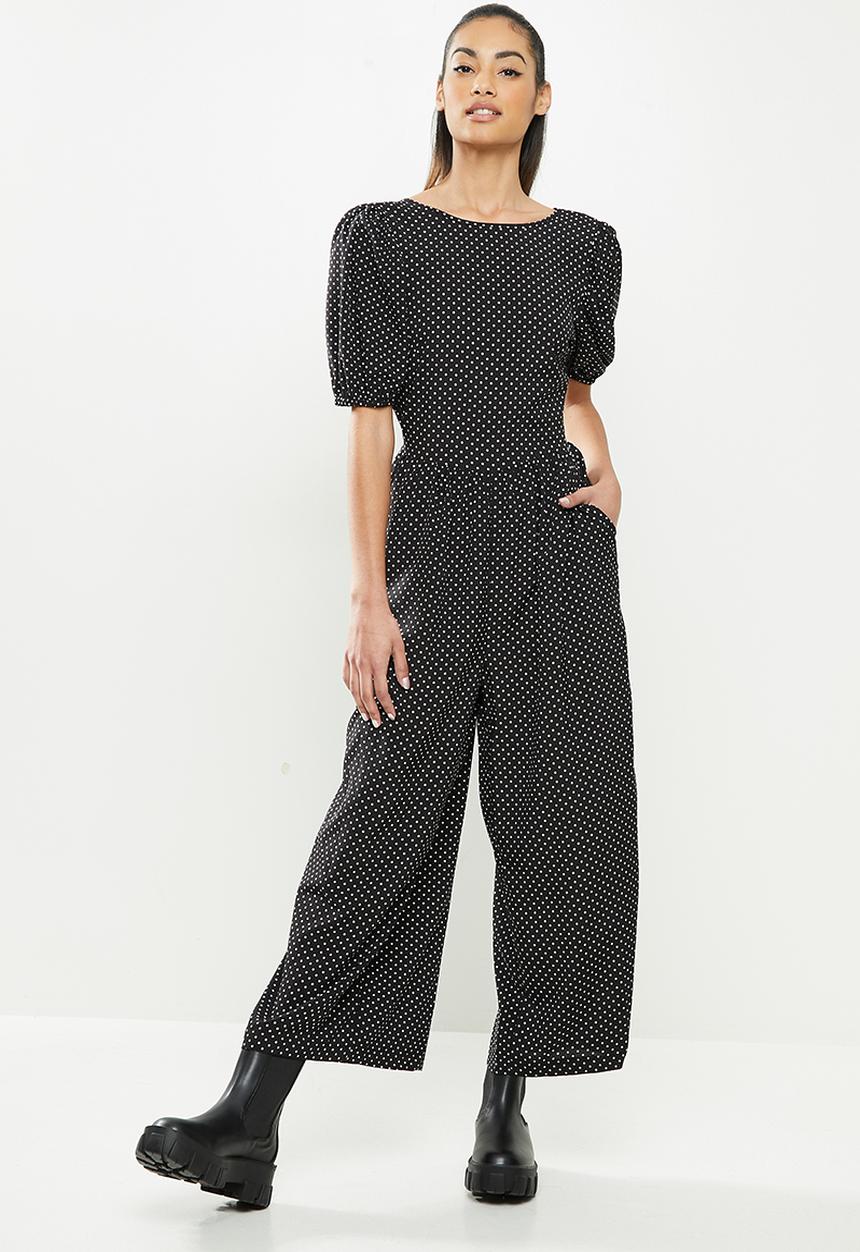 Missguided - Petite tie back puff sleeve jumpsuit - black & white 