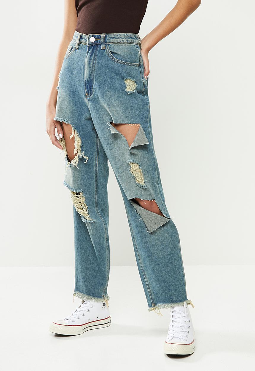 Missguided - Petite riot high rise ripped mom jean authentic - blue