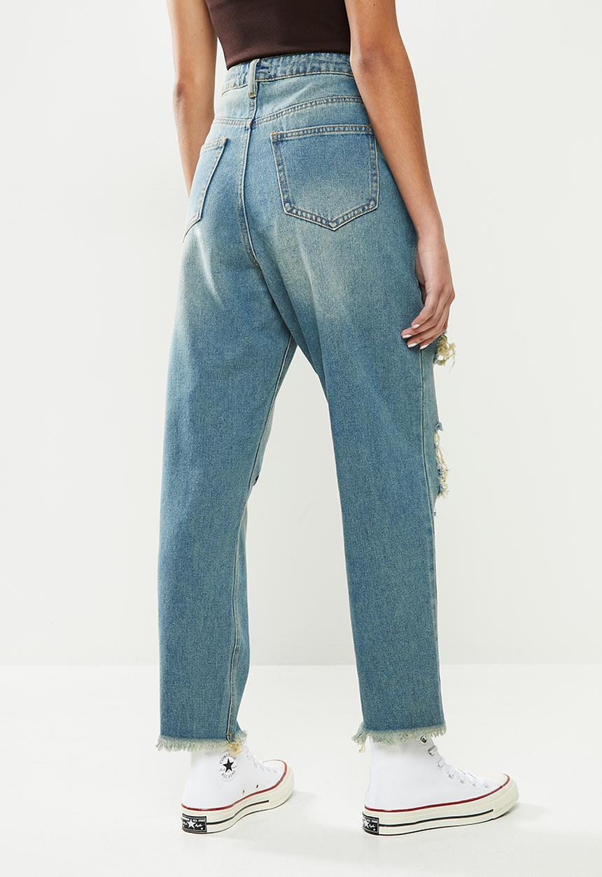 Missguided - Petite riot high rise ripped mom jean authentic - blue