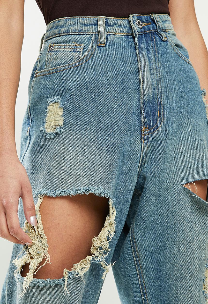 Missguided - Petite riot high rise ripped mom jean authentic - blue