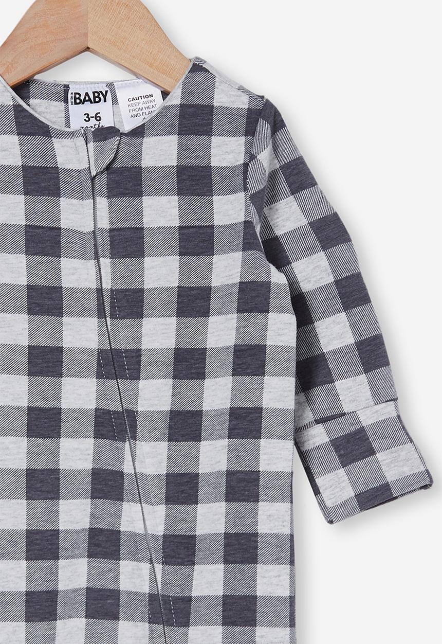 Cotton On - The long sleeve zip romper - rabbit grey/cloud marle maxi gingham