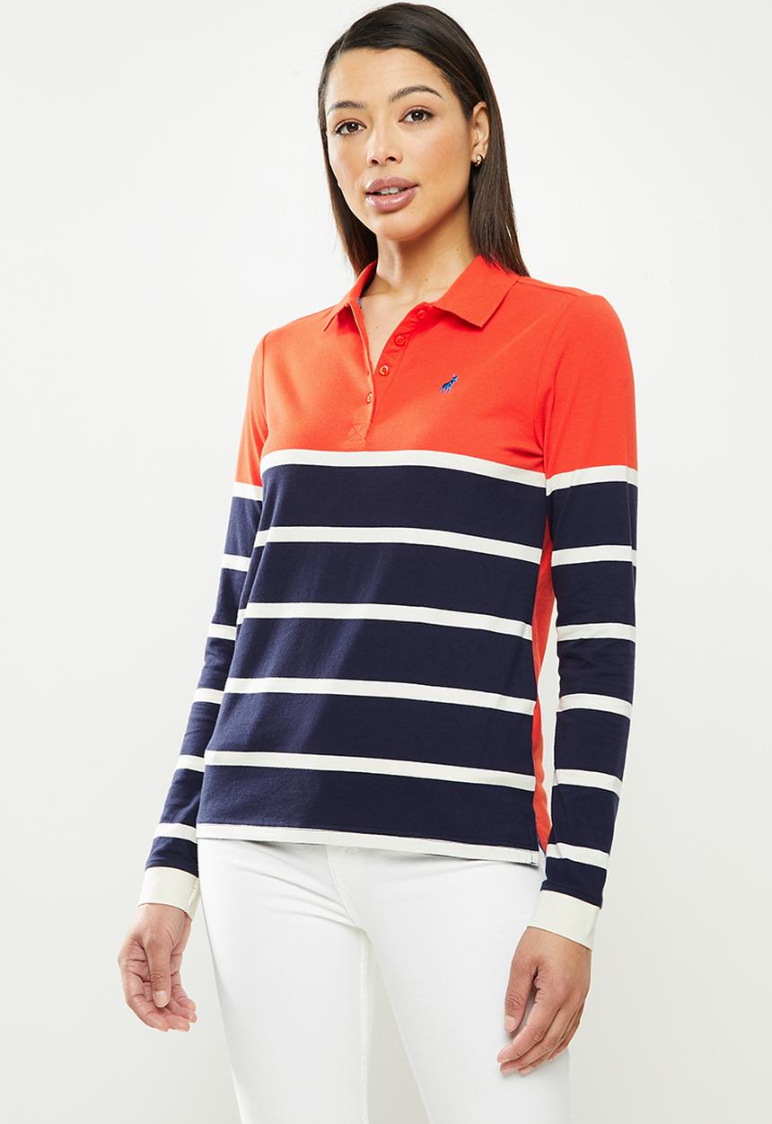 POLO - Cassidy long sleeve stripe stretch golfer - orange & navy