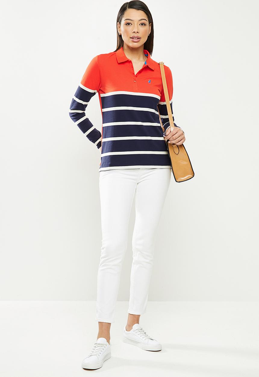 POLO - Cassidy long sleeve stripe stretch golfer - orange & navy