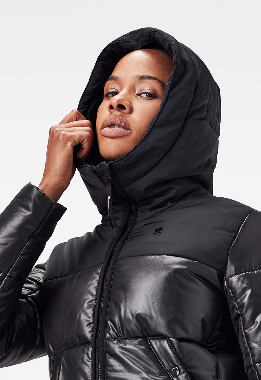 G-STAR - Quilted hooded puffer long coat - black