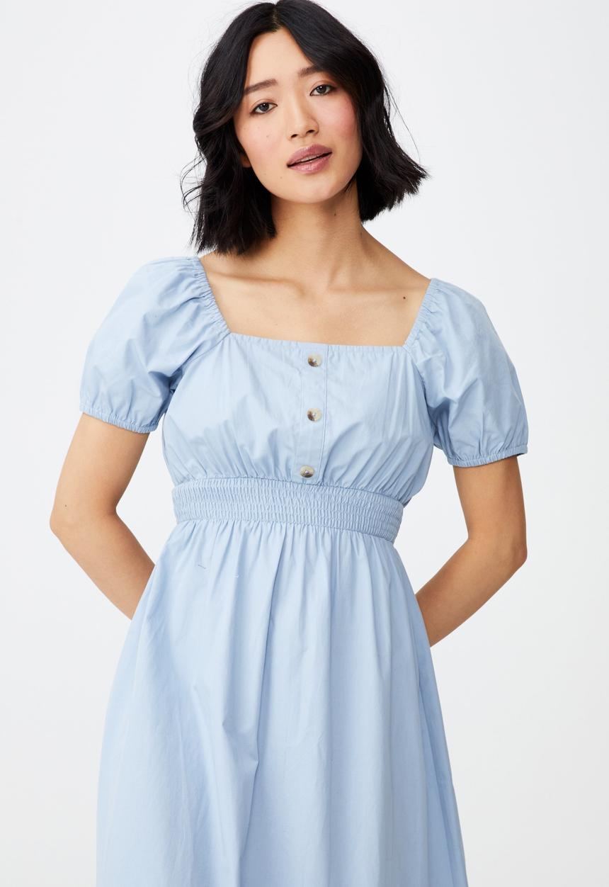 Cotton On - Woven petite everly short sleeve midi corset dress - wave washed blue