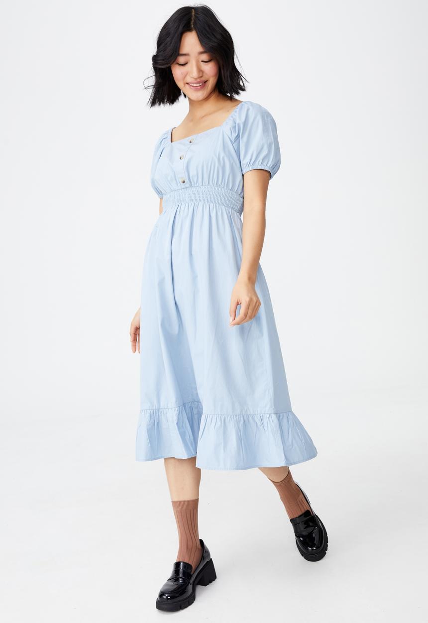 Cotton On - Woven petite everly short sleeve midi corset dress - wave washed blue