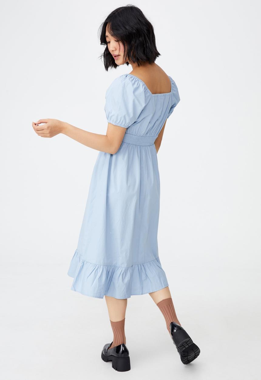 Cotton On - Woven petite everly short sleeve midi corset dress - wave washed blue