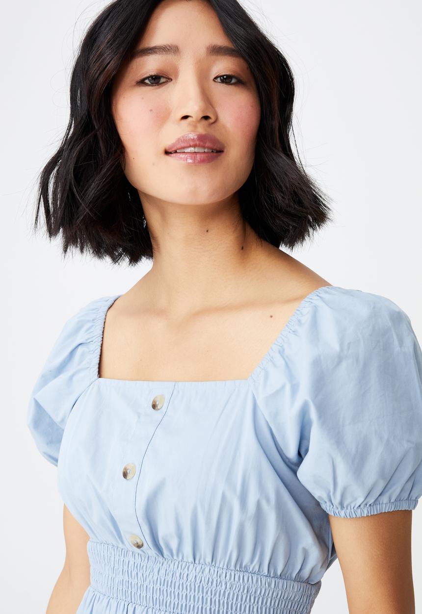 Cotton On - Woven petite everly short sleeve midi corset dress - wave washed blue