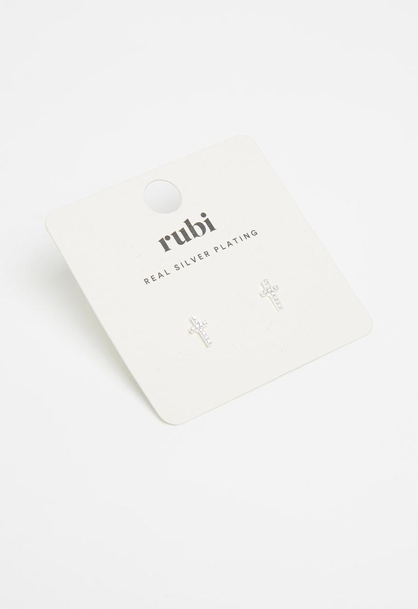 Rubi - Premium stud earrings - diamante cross silver plated