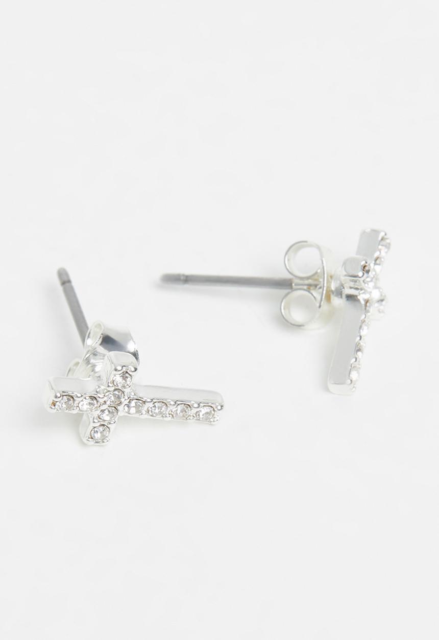 Rubi - Premium stud earrings - diamante cross silver plated