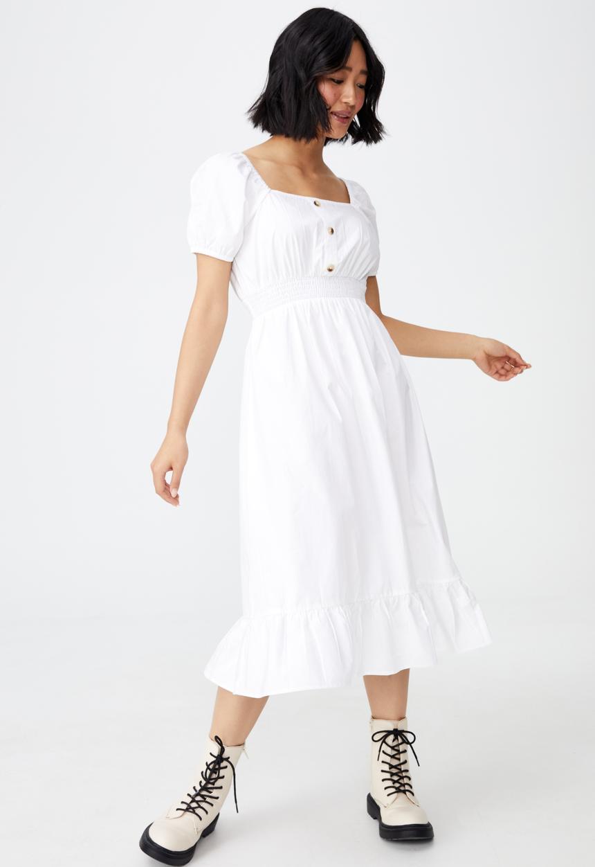 Cotton On - Woven petite everly short sleeve midi corset dress - white