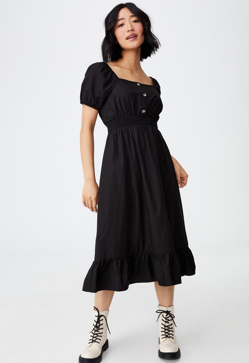 Cotton On - Woven petite everly short sleeve midi corset dress - black