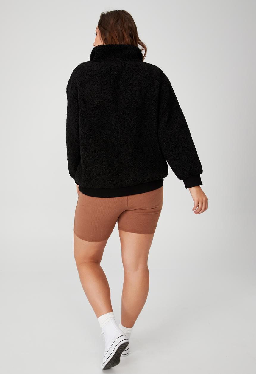 Cotton On - Curve quarter zip through teddy pullover - black