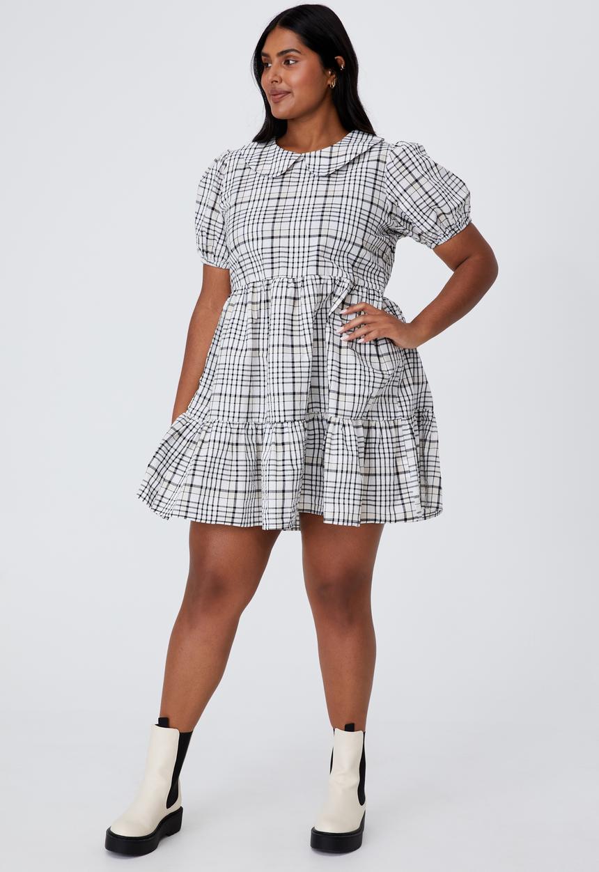 Cotton On - Curve alice collar mini dress -white & black 