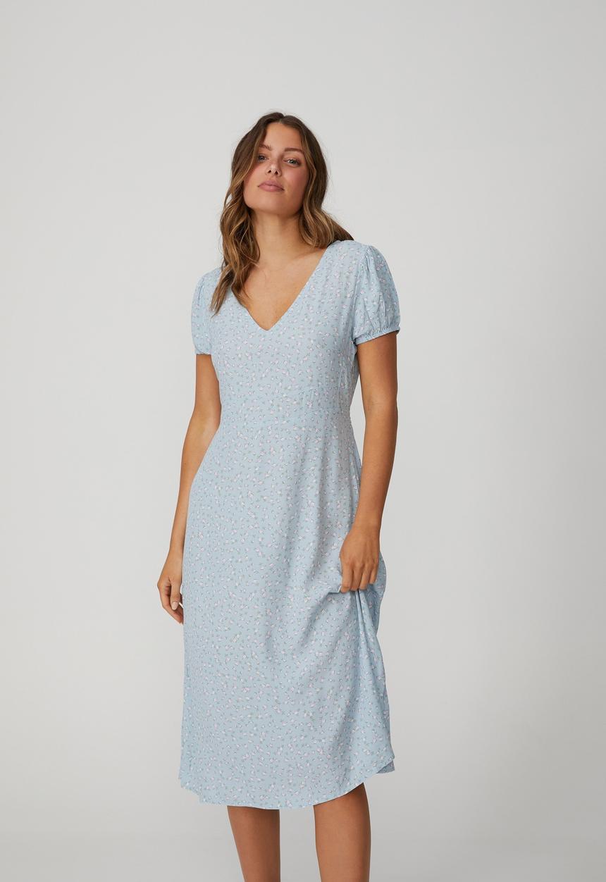 Cotton On - Woven brodie v- neck midi dress - coco calico sunfaded denim