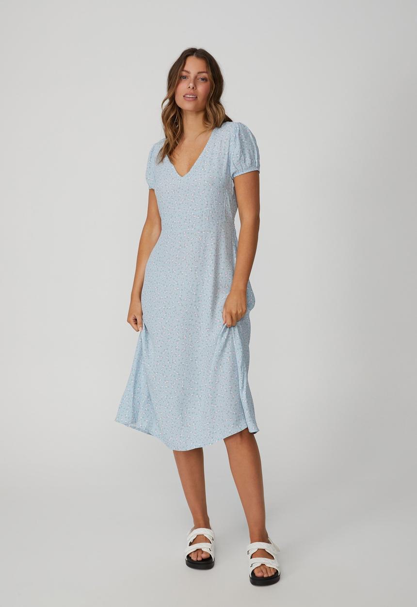 Cotton On - Woven brodie v- neck midi dress - coco calico sunfaded denim