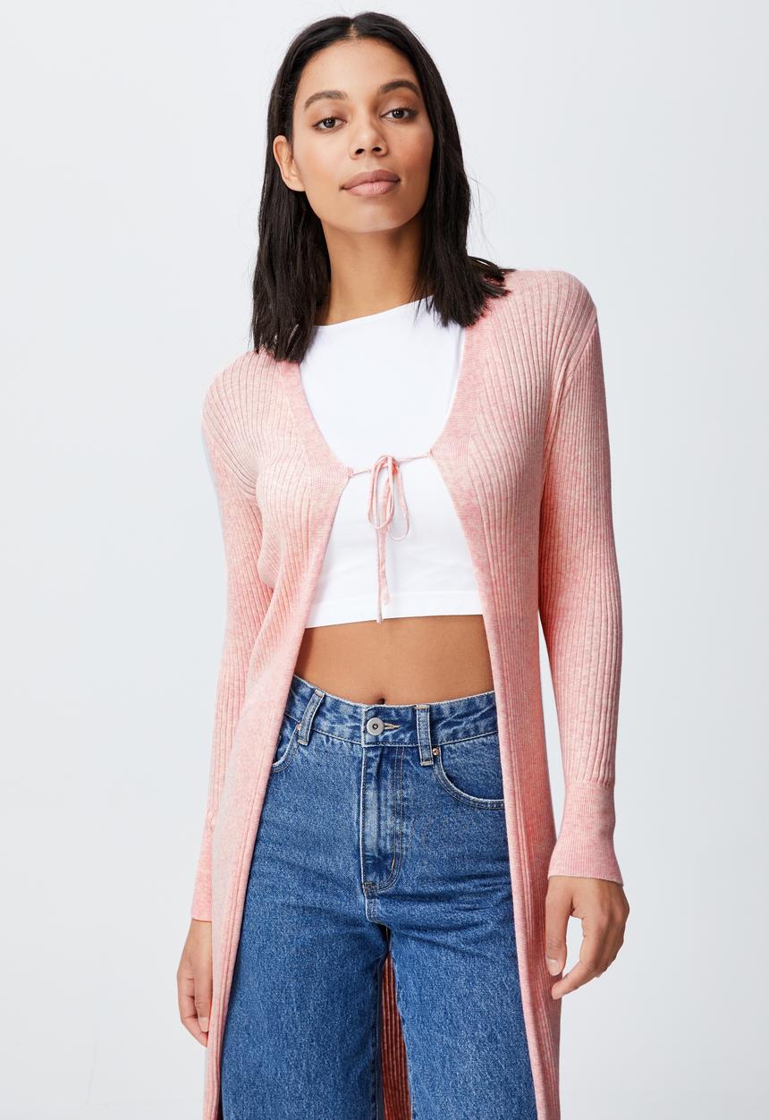Cotton On - Cotton vegetable dye ribbed longline cardi - mulberry pink marle