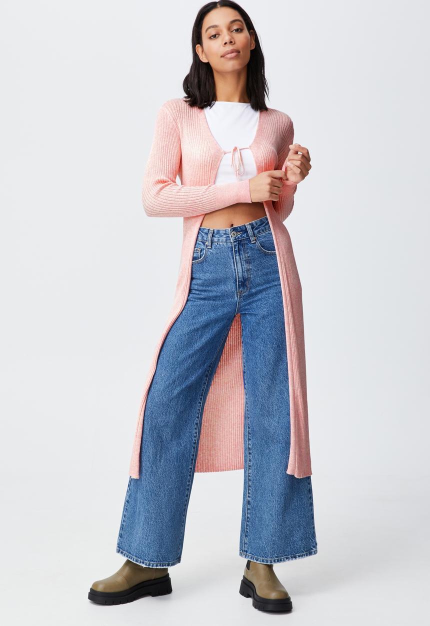 Cotton On - Cotton vegetable dye ribbed longline cardi - mulberry pink marle