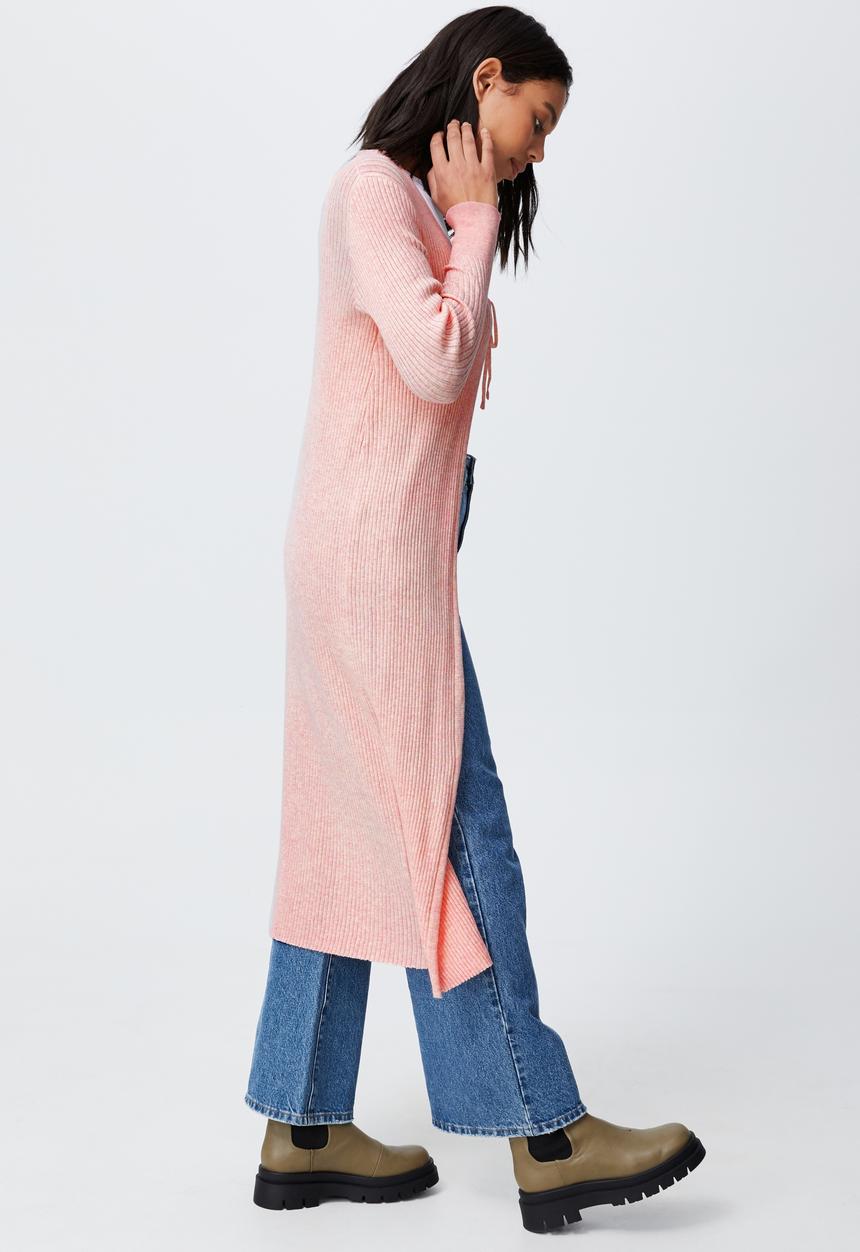 Cotton On - Cotton vegetable dye ribbed longline cardi - mulberry pink marle