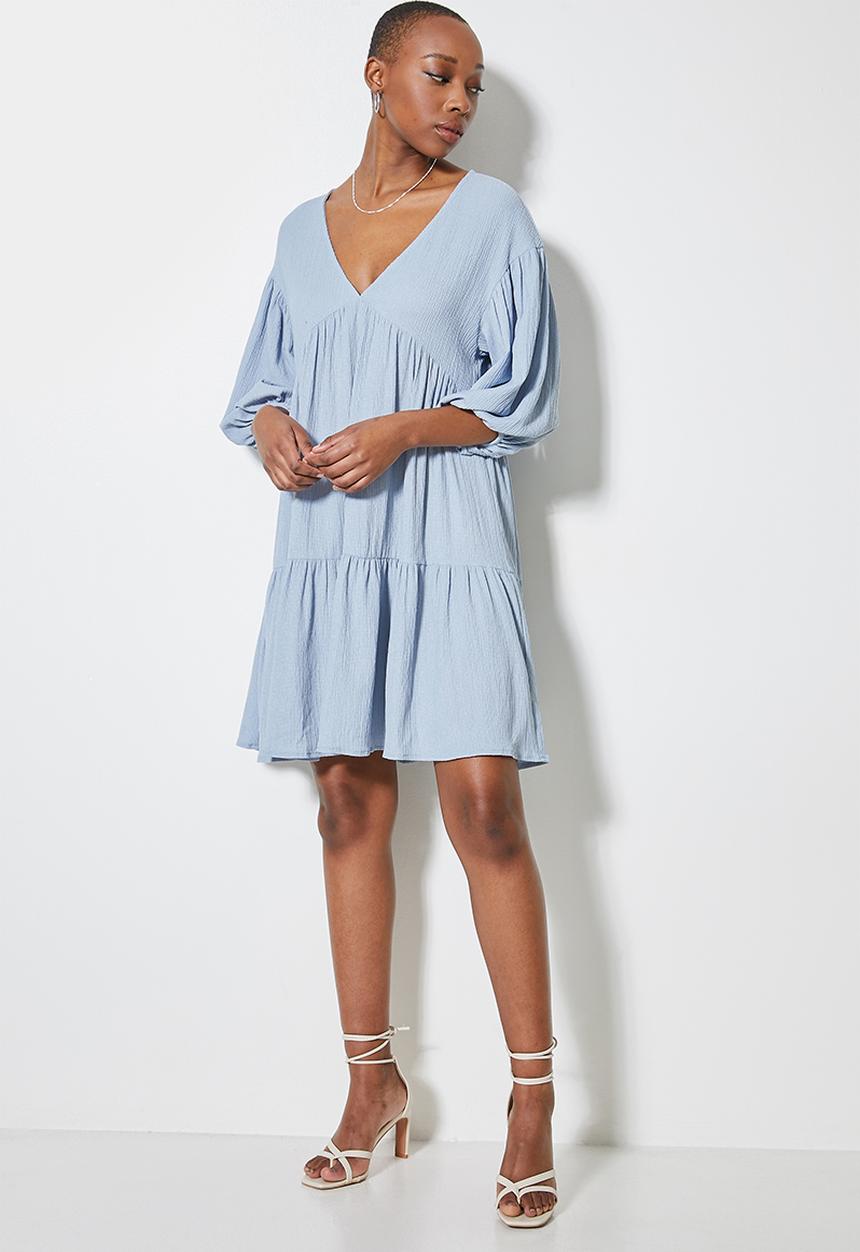 VELVET - Volume babydoll mini tiered dress - blue 